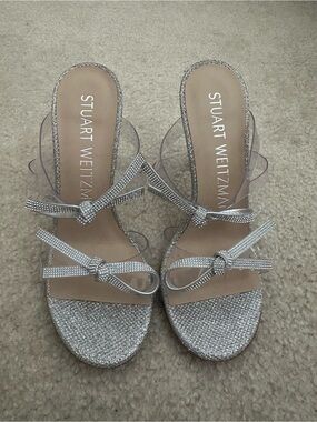 Stuart Weitzman Silver Crystal Knot-Strap Heels